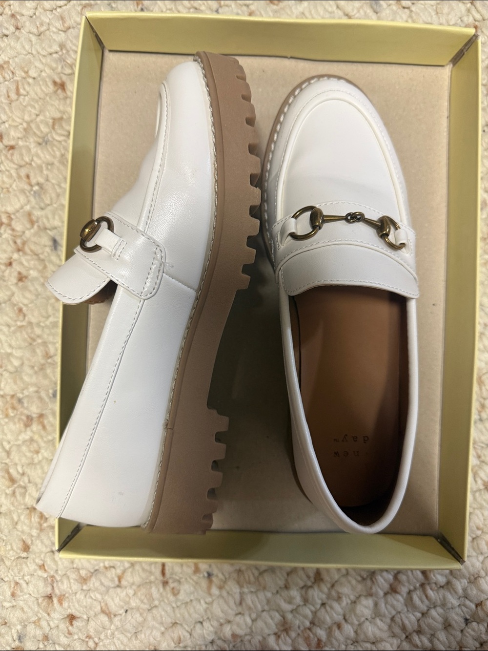 a new day White Leather Lug Sole Bit Loafers with Gold Hardware